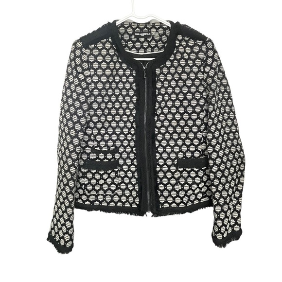 Karl Lagerfeld Jackets & Blazers - 𝅺karl Lagerfeld Black White Polka Dot Fringed Zip Front Woven Blazer, 12